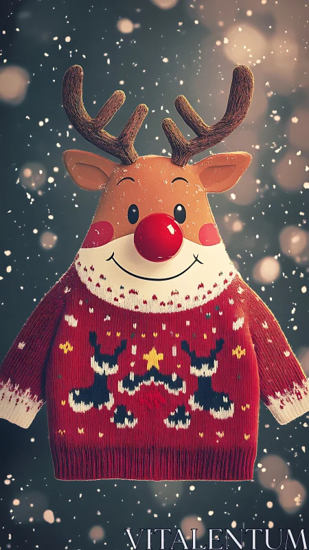 Cute reindeer sweater showcases cozy festive knit charm.