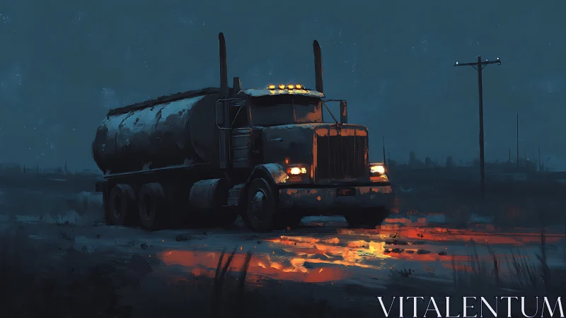 Tanker truck on wet rural road at night with reflections.