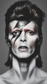 Monochrome glam portrait with high-contrast lightning bolt makeup