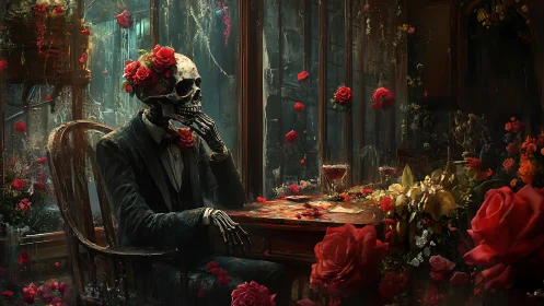 Elegantly dressed skeleton contemplates amid floating roses.