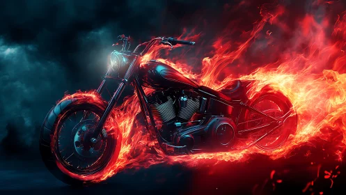 Inferno street chopper roaring through storm-dark firestorm.