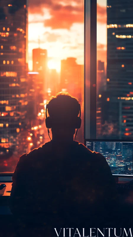 Backlit programmer silhouettes against high-rise sunset skyline