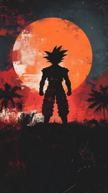 Silhouetted warrior drinks in the burning anime sunset