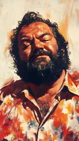 Expressive oil-style portrait with sunlit bearded subject.