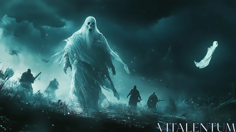 Giant spectral figure leads ghostly warriors through mist