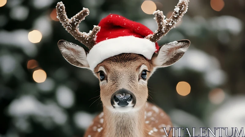 Young reindeer in Santa hat stands against festive bokeh
