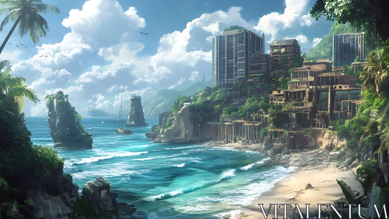 Hybrid coastal settlement integrating modern structures with natural terrain and vegetation.