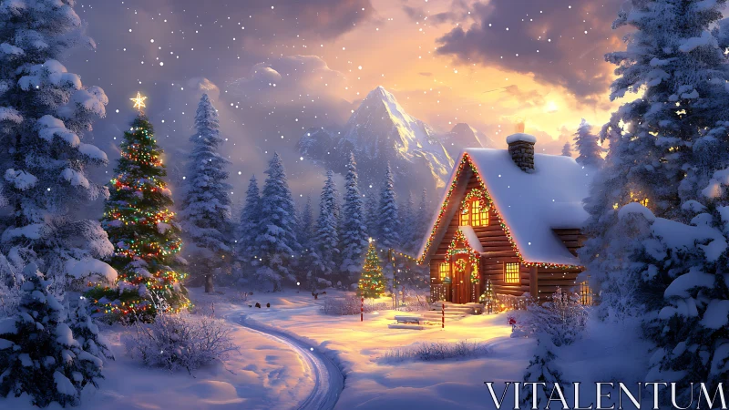 Snowy mountain cabin with glowing Christmas lights at dusk.
