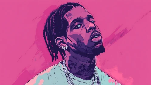 Vector portrait of braided man in jewelry on magenta ground