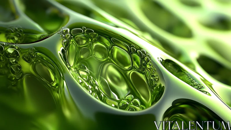 Abstract Green Liquid Surface with Bubbles in 3D Digital Art Style.