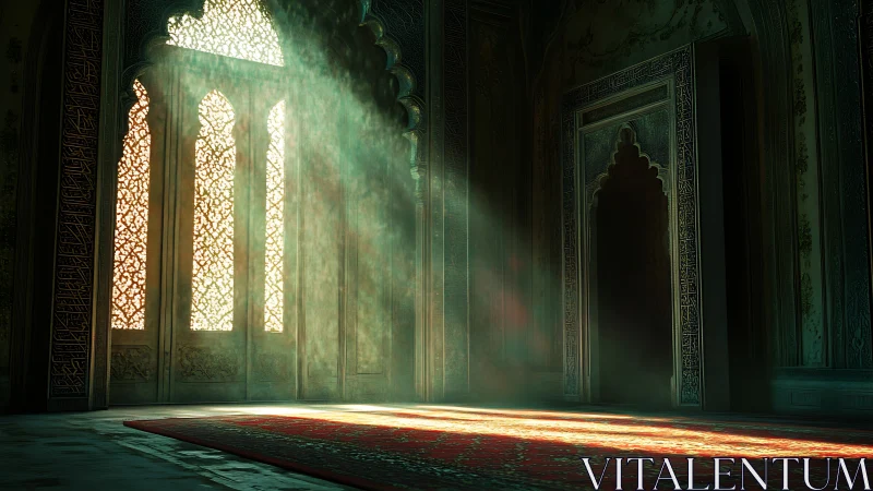 Sunlit Islamic hall with ornate arches and scarlet carpet.