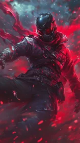 Masked warrior in red energy storm, dynamic pose scene.