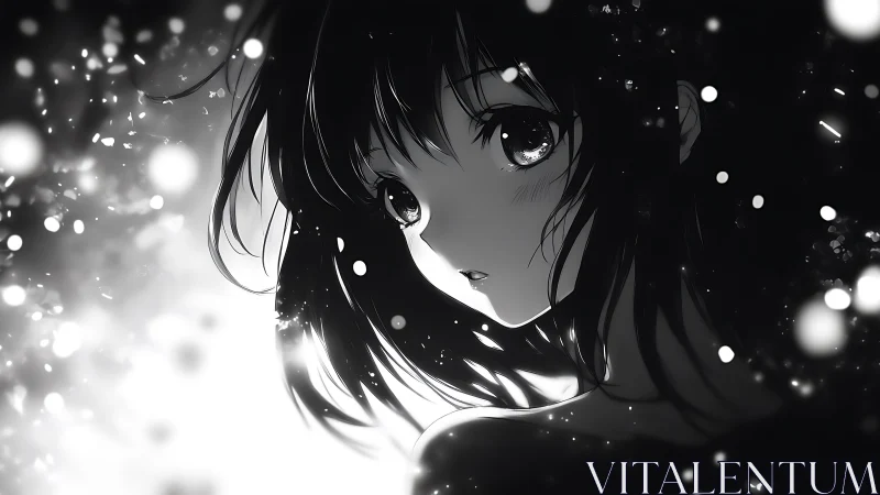 Monochrome anime girl amid glowing drifting particles.