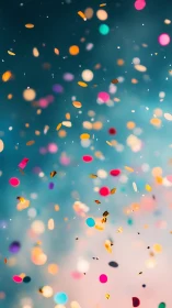 Colorful falling confetti against soft teal bokeh sky.