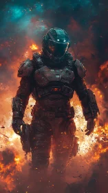 Bold armored space soldier strides through blazing firestorm