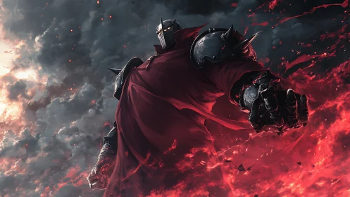 Storm-lit armored warrior strides through swirling red fire