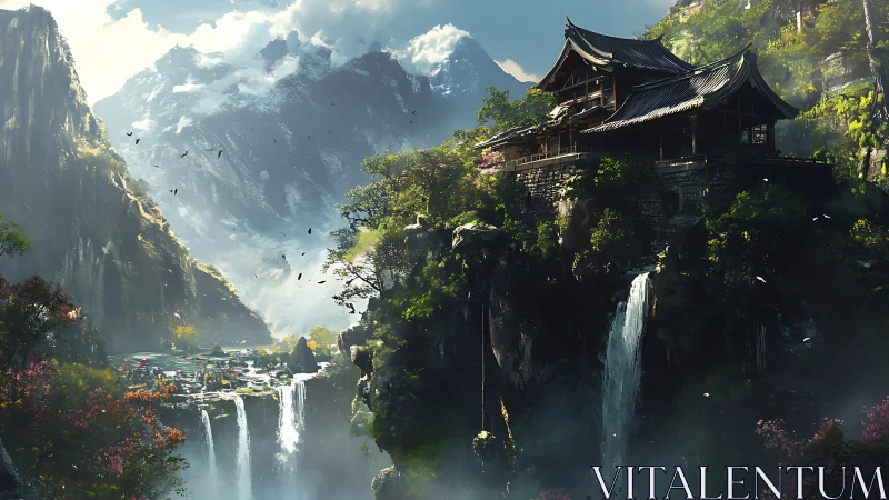 Mountain temple complex above waterfalls in forested valley.