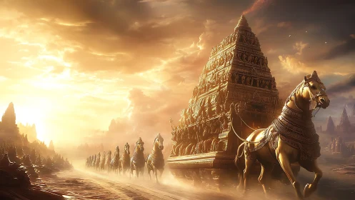 Sun-forged war chariots escort a luminous ancient temple.