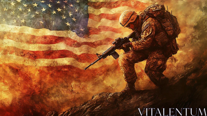 Digitally painted US soldier kneeling before weathered flag