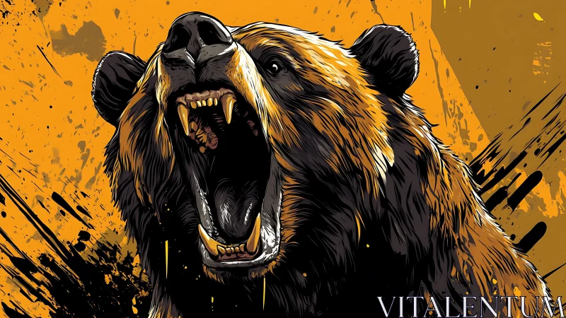 Roaring grizzly bear illustration on bold orange background.