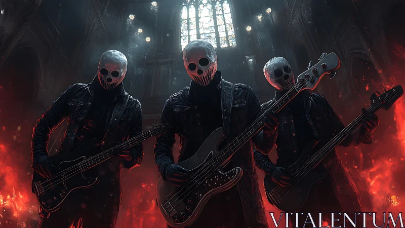 Skull-masked rock trio performing in burning cathedral.