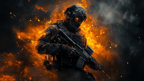 Heavily armed tactical soldier amid explosive fire cloud.