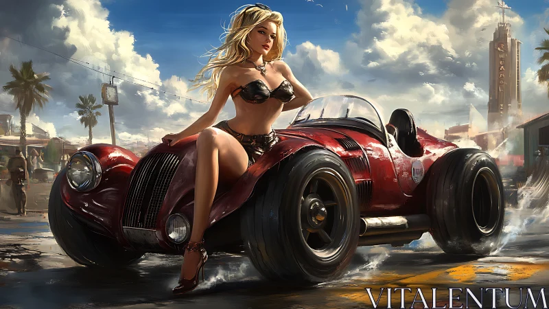 Blonde woman seated on custom red roadster in street setting.