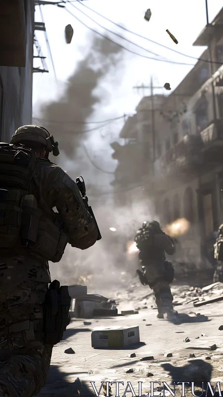 Armed soldiers advancing in dusty urban street combat zone.