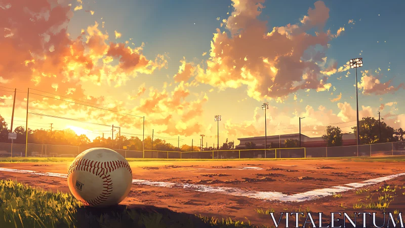 Sunlit baseball field rests beneath a glowing evening sky.