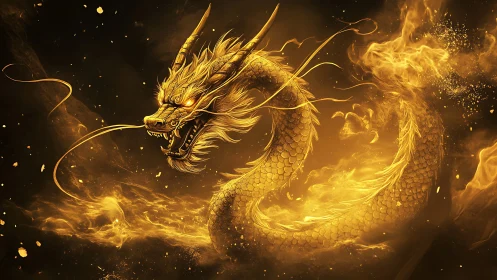 Golden dragon of swirling fire dancing through night skies.