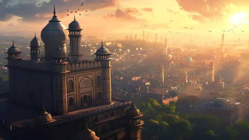 Golden sunset over timeless domed city and quiet rooftops.