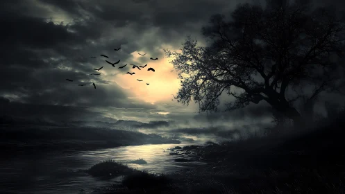 Dark river landscape under moody sky at sunset.