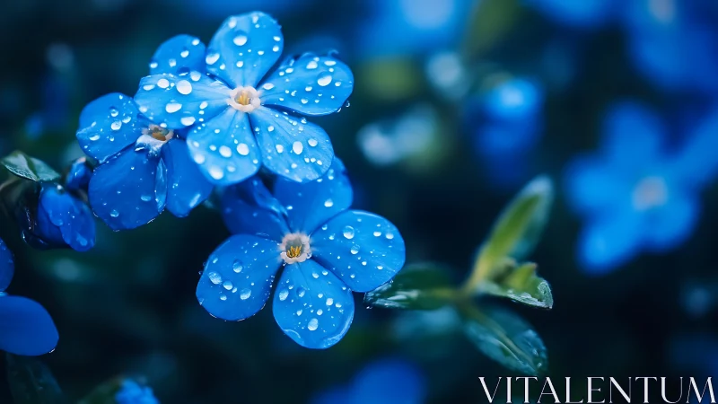 Blue forget-me-nots glistening with morning dew drops.