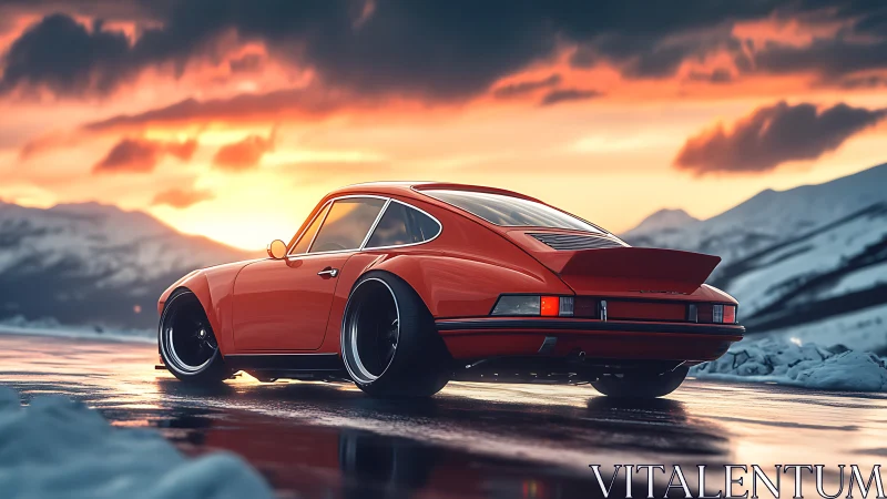 Red classic sports car on icy mountain highway at sunset.