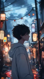 Lantern-lit evening boy wandering through neon rain dreams.