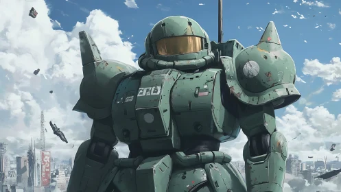 Battle-worn green mecha stands over futuristic city skyline