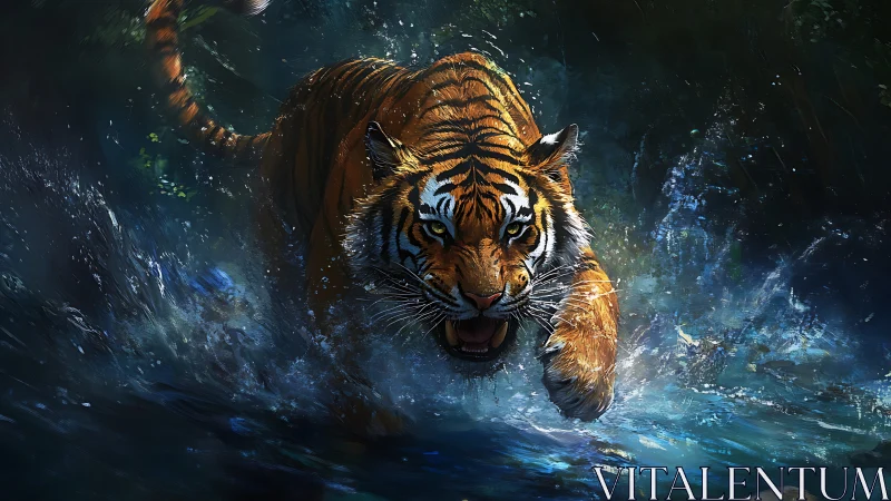 Tiger moving through shallow water in dense forest stream.