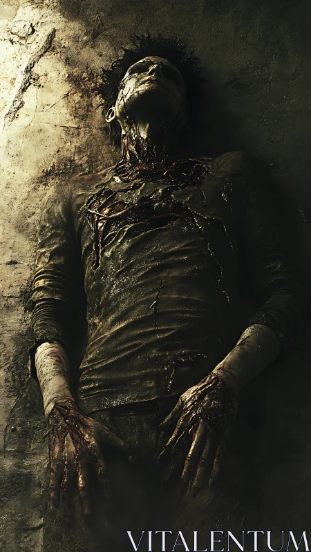 Figure with severe thoracic trauma lying against rough wall