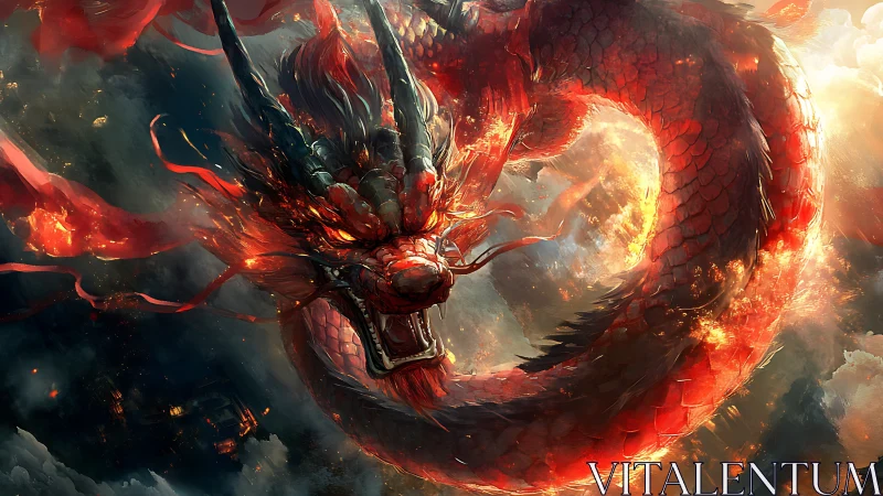Fiery serpentine dragon coils through storm-lit inferno sky