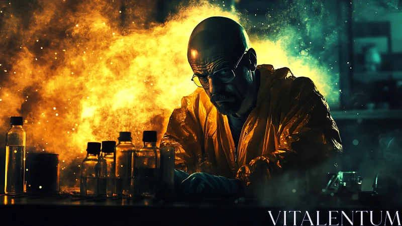 Bald chemist in hazmat suit works at bench amid bright fumes