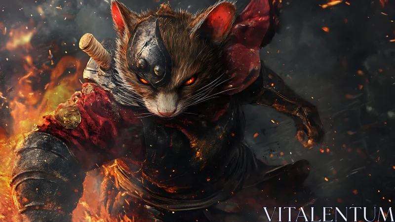 Armored warrior mouse charges forward through heavy flames.