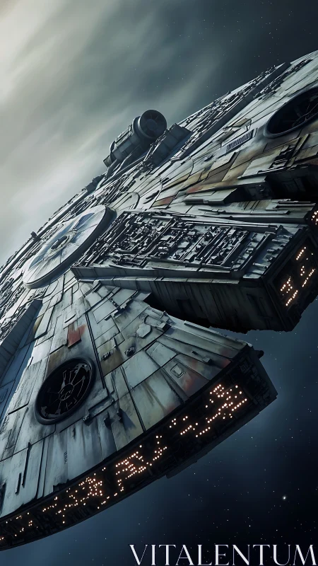 Weathered starship drifting through a quiet cosmic sky.