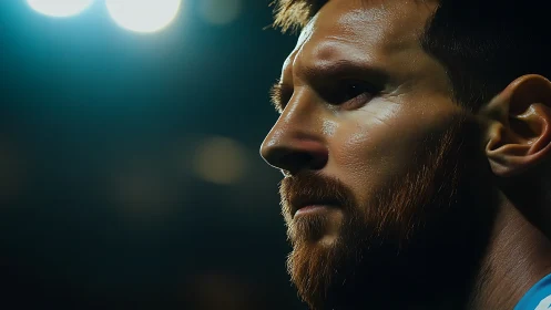 Side-lit close-up profile of a bearded male football player