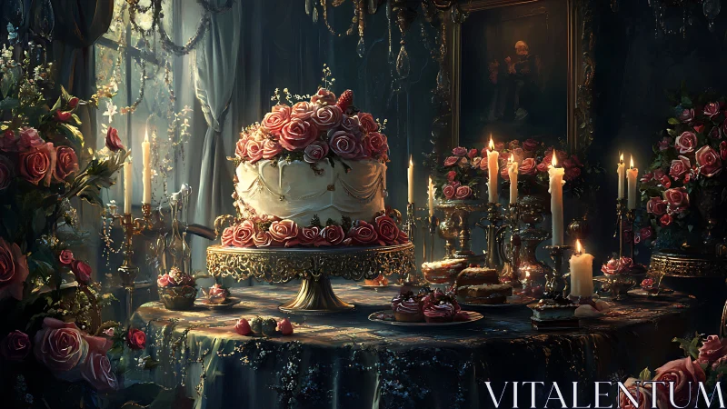 Ornate Tiered Cake with Cascading Roses in Candlelit Grand Setting