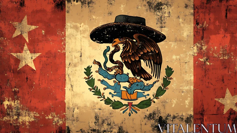 Stylized Mexican flag eagle wears sombrero on grunge canvas