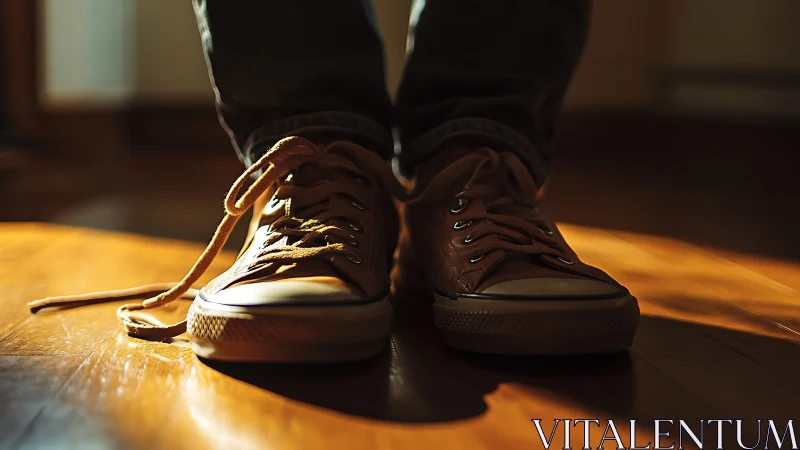 Sunlit sneakers and wandering laces on a wooden floor.