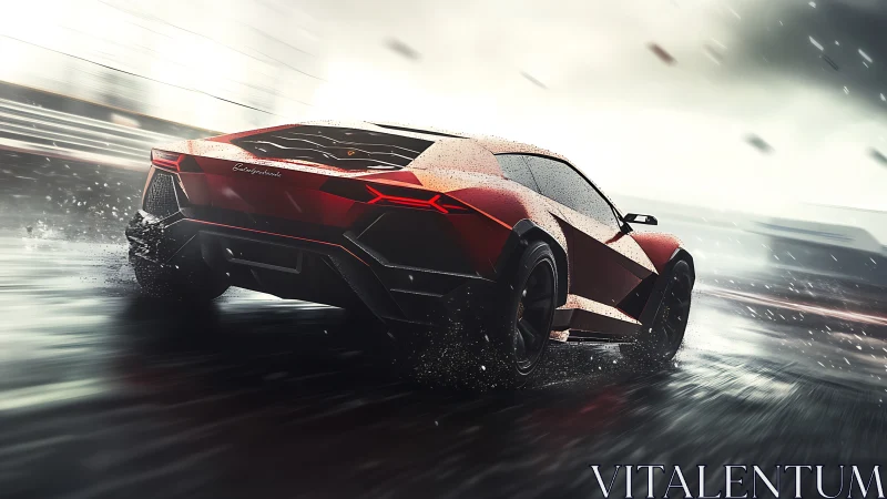 Red mid‑engine supercar drifting on wet racetrack in rainstorm