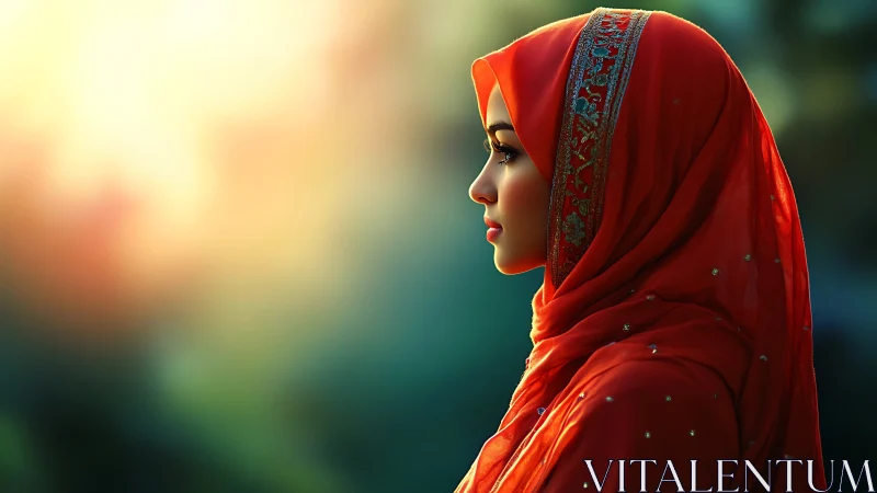 Woman in red embroidered hijab lit by warm sunset glow