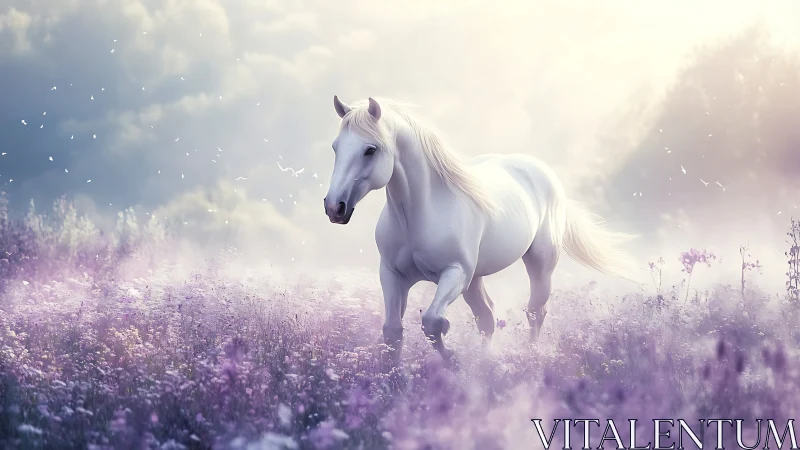Moonlit ivory stallion wanders through a lavender mist dream