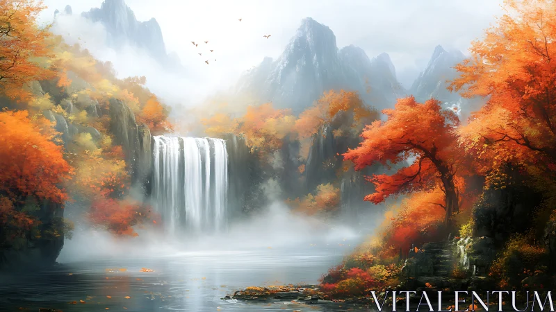 Autumn mountain waterfall landscape with mist and river.
